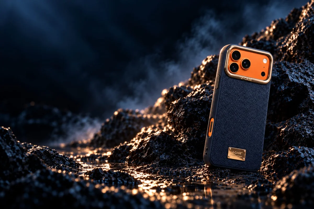 Navy textured case with a gold camera frame on an iPhone, among dark glistening rocks and mist
