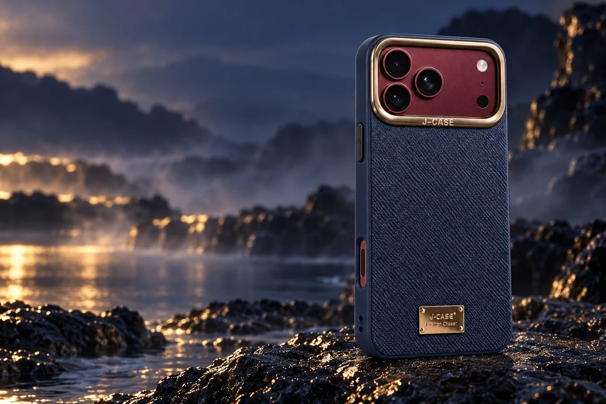 Navy textured case with a gold camera frame standing on dark rocks by the sea at dusk