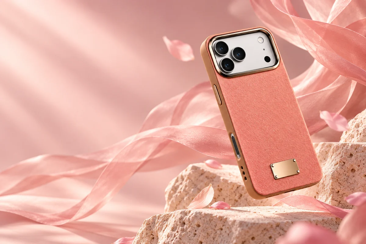 Pink textured case with a gold camera frame, floating above pale stone among pink ribbons and petals