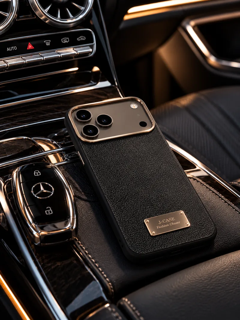 Black case resting on a leather car console next to the car key