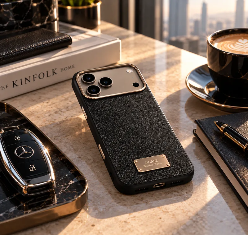 Black case on a marble table with a coffee cup, a notebook and a car key