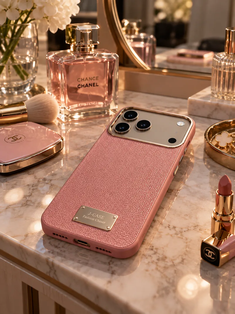 Coral case on a marble vanity among perfume and lipstick