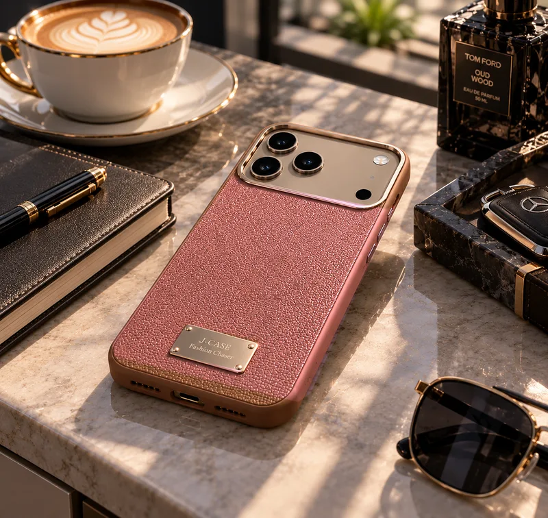 Coral case on a marble desk with a latte, a leather notebook and sunglasses