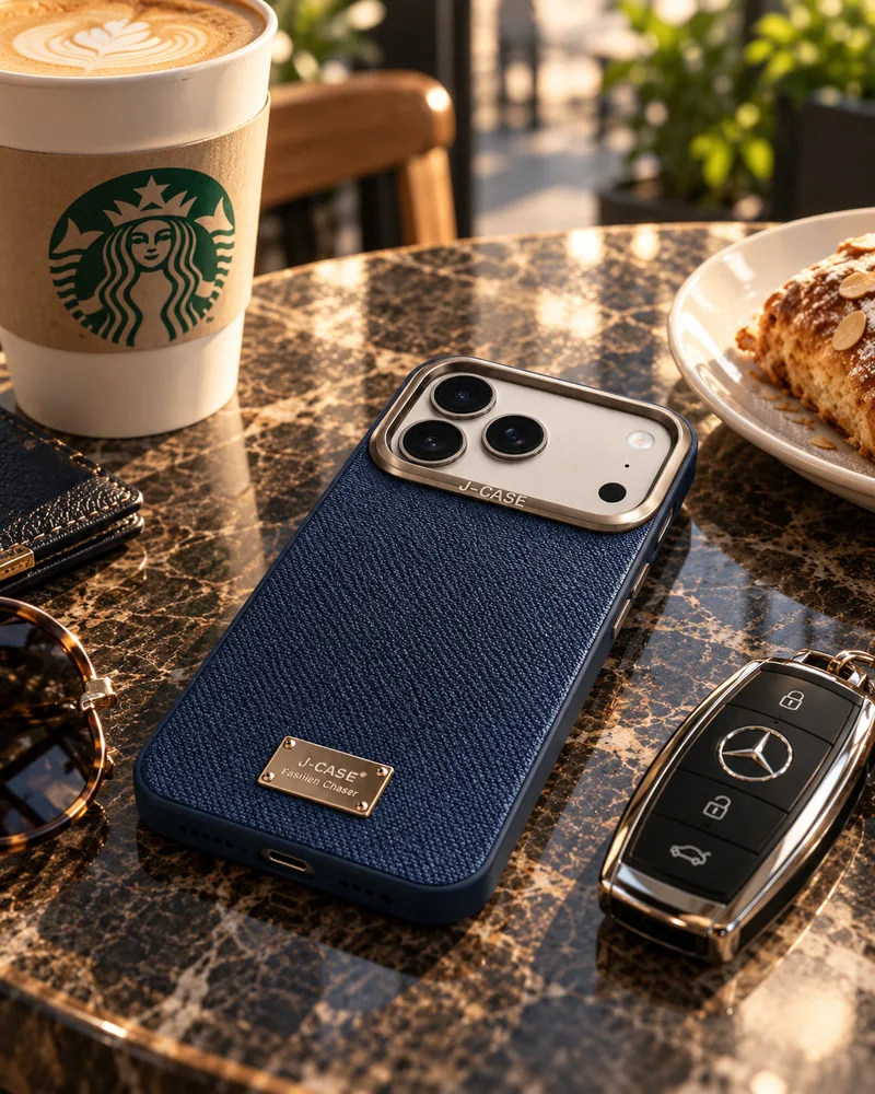 Navy case on a marble café table beside a coffee cup and a car key
