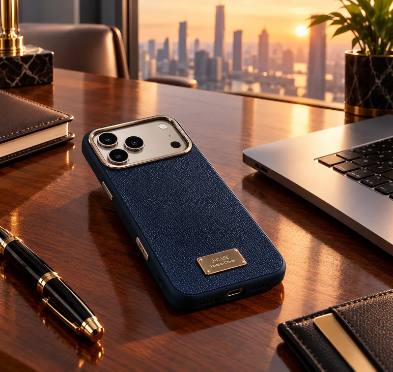 Navy case on a wooden desk beside a laptop and a fountain pen at sunset