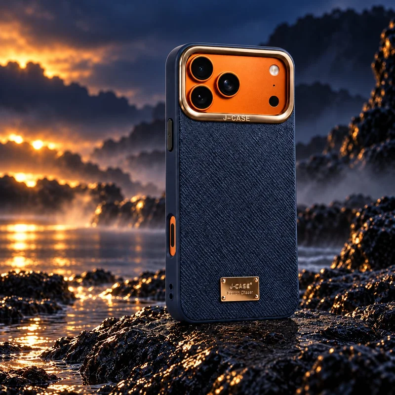 Navy textured case with a gold camera frame on wet dark rocks by the sea at sunset