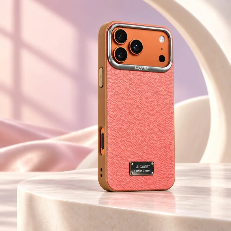 Pink textured case with a caramel edge standing on a marble pedestal beside soft silk