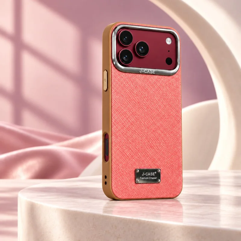 Pink textured case with a caramel edge on a marble pedestal in soft pink light