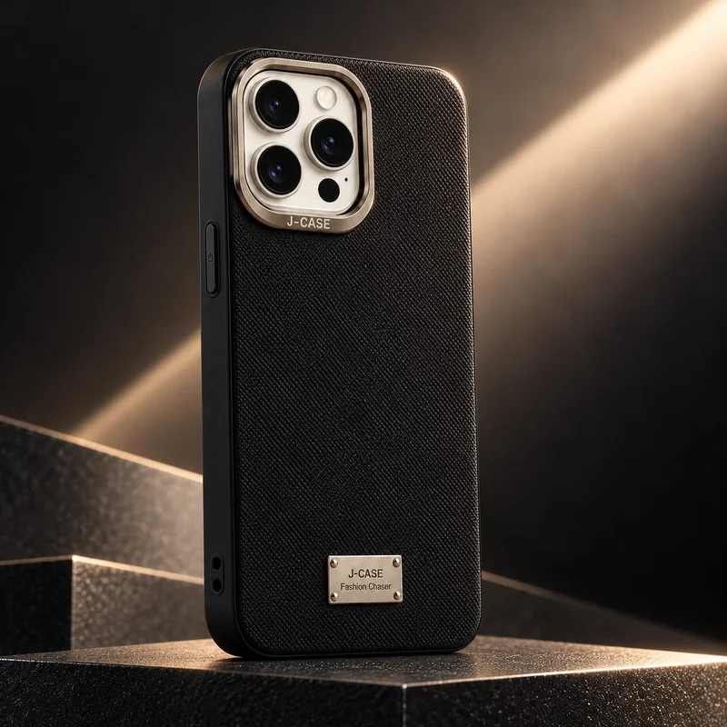Black textured case standing on dark stone steps in warm light