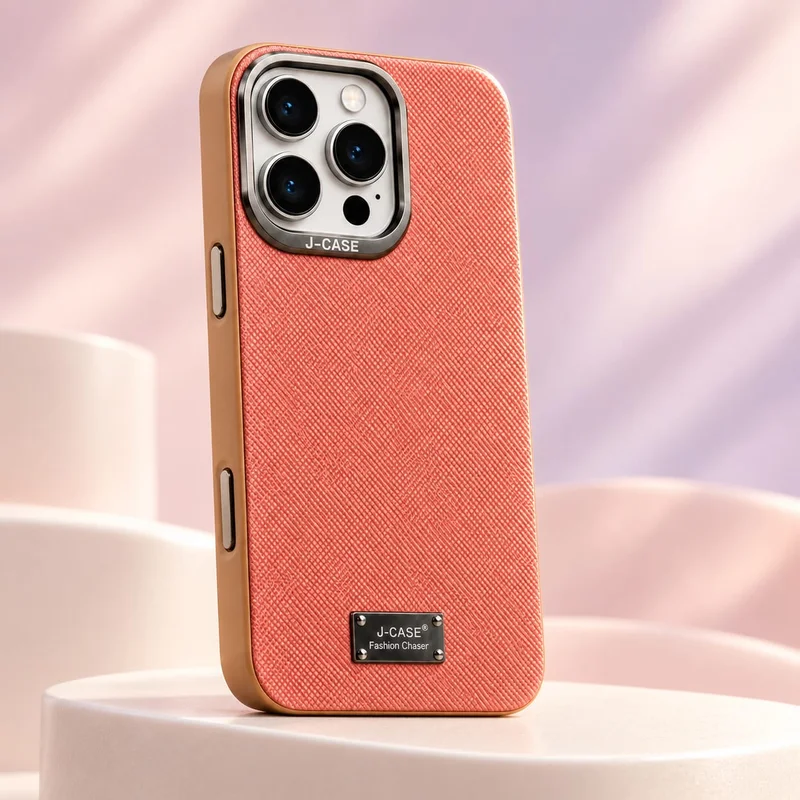 Pink textured case with a caramel edge standing on a cream pedestal